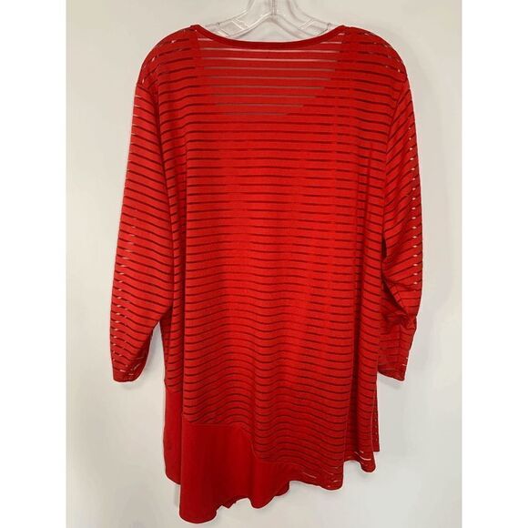 Women's Sheer Stripes Overlay Roll Tab Sleeves Scoop Neck Tunic Red Size 3X - Picture 7 of 10